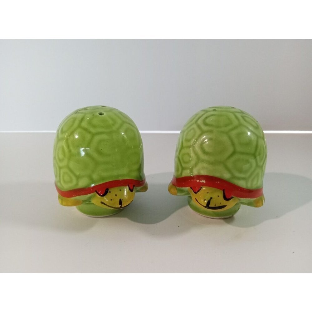 Vintage 1960's Green Turtle Salt and Pepper Shakers Multi-Colored Retro